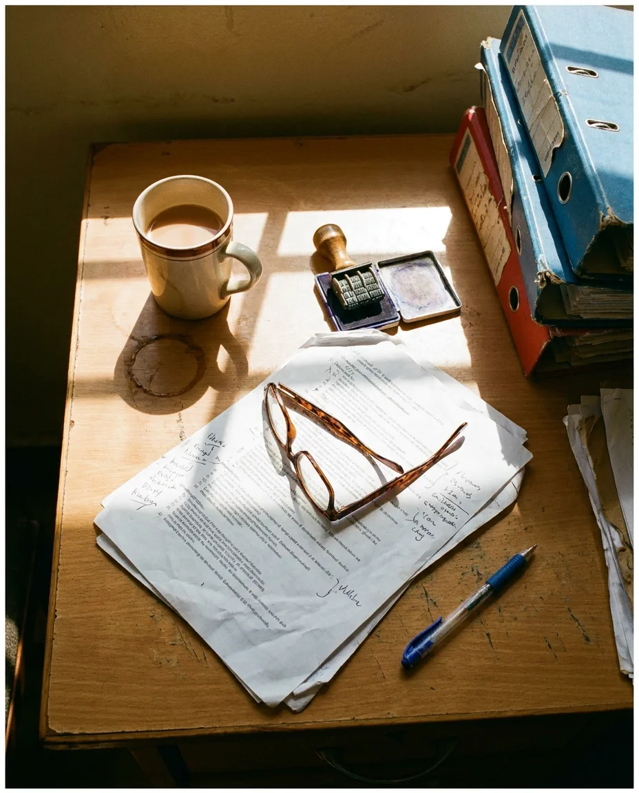 A practitioner's desk in Nairobi seen from above: a marked-up printout under folded reading glasses, a rubber date stamp and ink pad, a half-drunk mug of tea and a stack of worn box files.