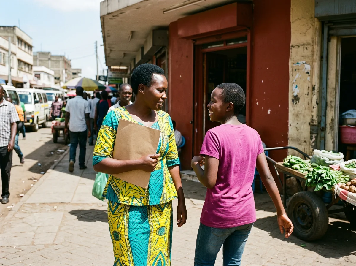 A mother and her teenage daughter walking together along a busy Nairobi street, a document folder under her arm.