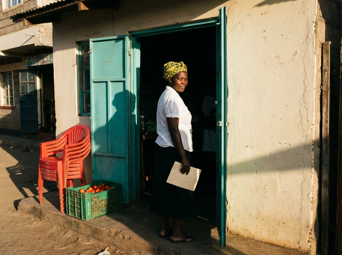 A restaurateur in the doorway of her own premises in Nairobi, holding a certificate and glancing back inside.