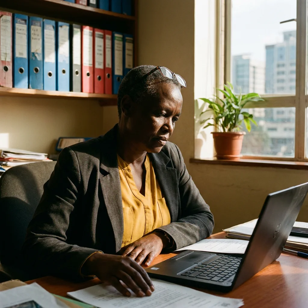 A compliance practitioner at a desk in a small Nairobi office, reading a document beside a wall of box files.