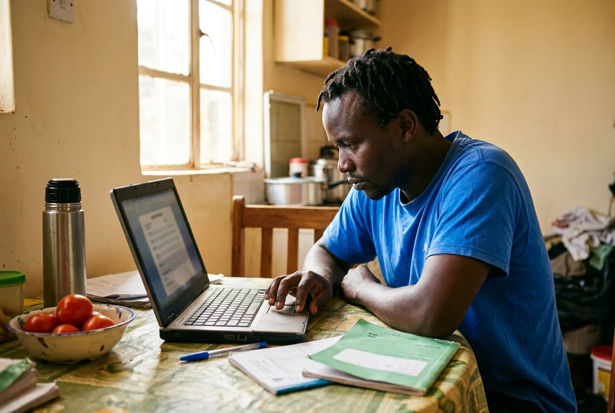 A man at a kitchen table in Nairobi, leaning in to start an application on a laptop.