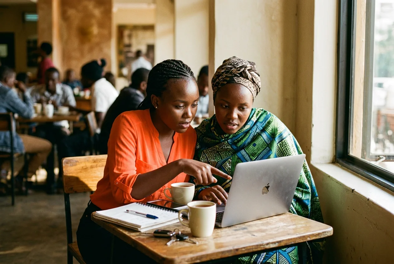 Two women side by side in a Nairobi cafe, one pointing at something on a shared laptop screen.