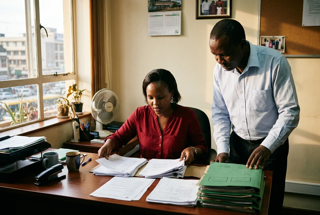 Two colleagues at a shared desk in a Nairobi office, sorting a spread of paper documents into piles.