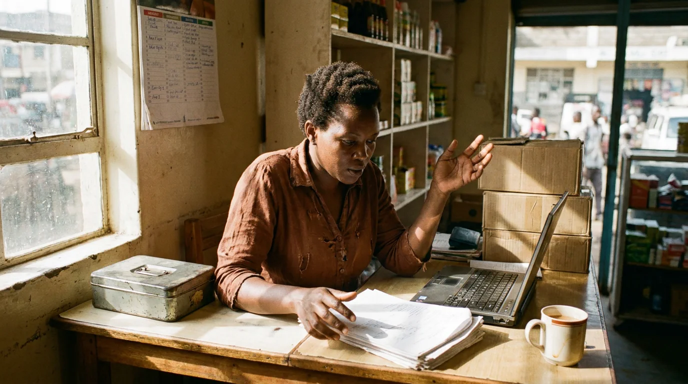 A shopkeeper at the counter of her own small business in Nairobi, working through papers beside a laptop.