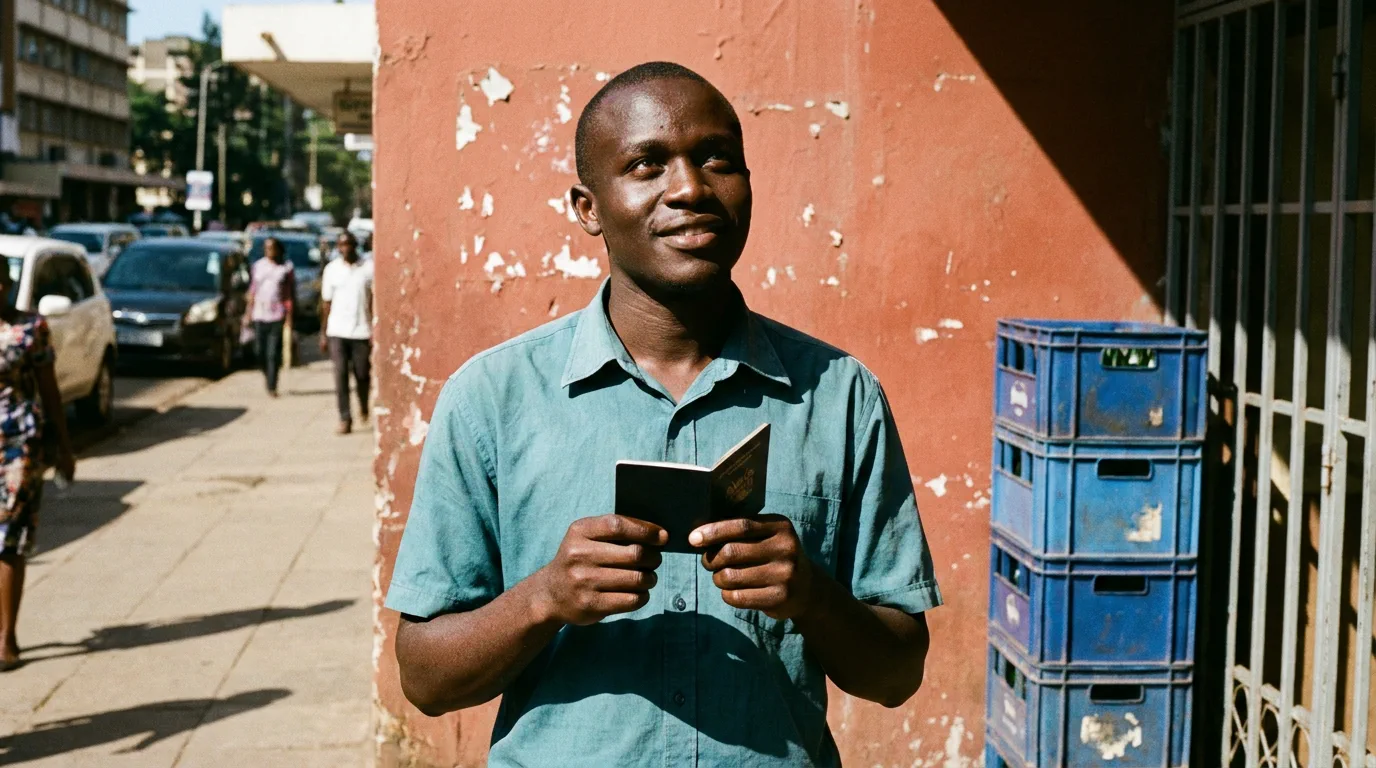 A young man on a Nairobi street holding a new passport, having just looked up from it.